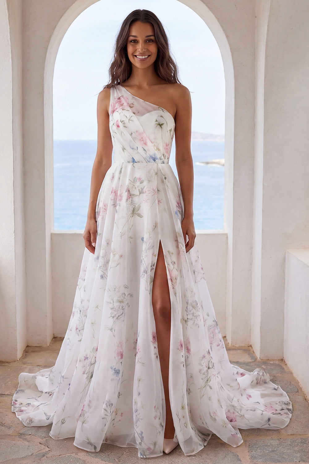 One-Shoulder Ivory Printed Floral Mermaid Wedding Dress with Slit