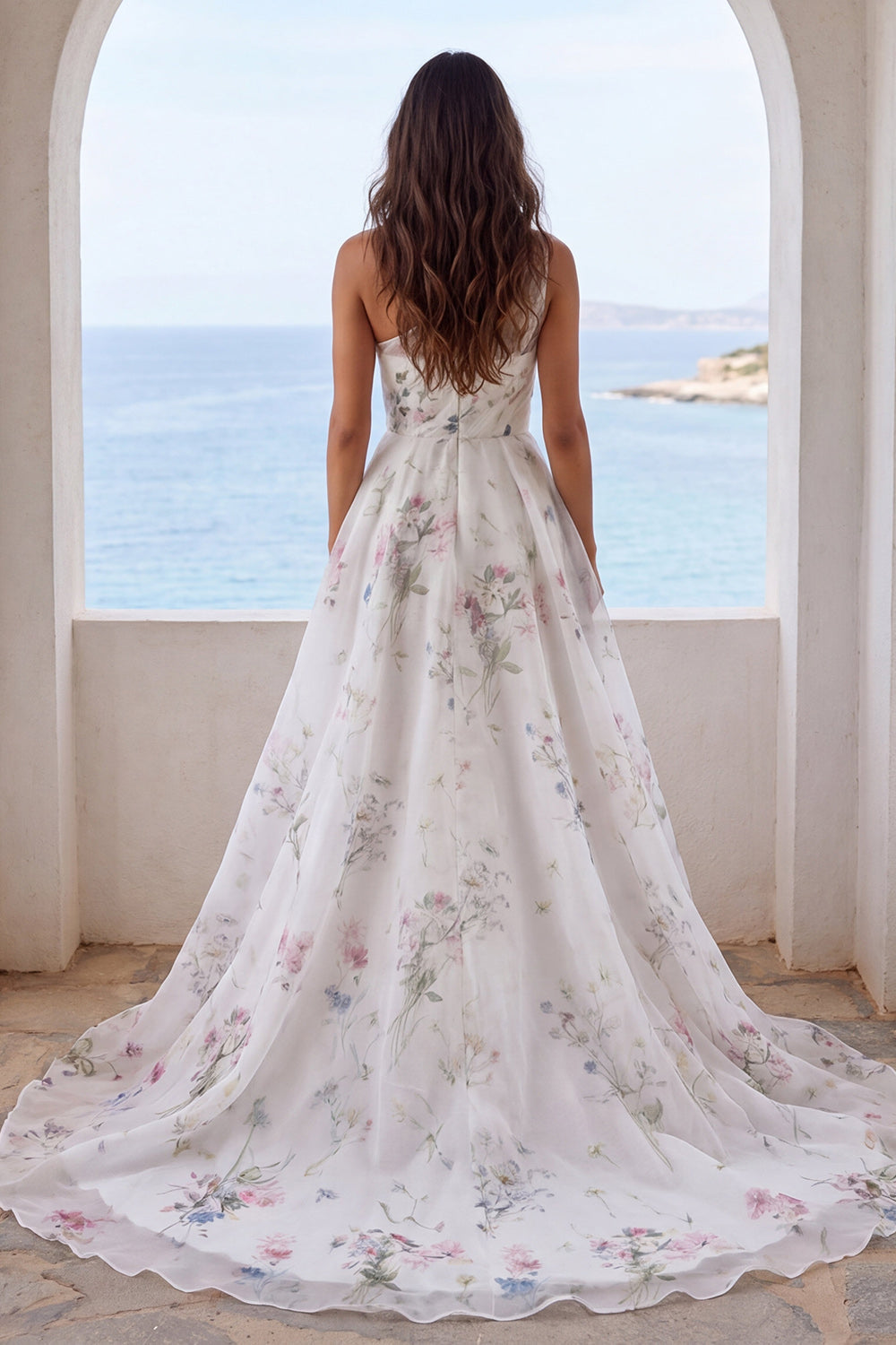 One-Shoulder Ivory Printed Floral Mermaid Wedding Dress with Slit