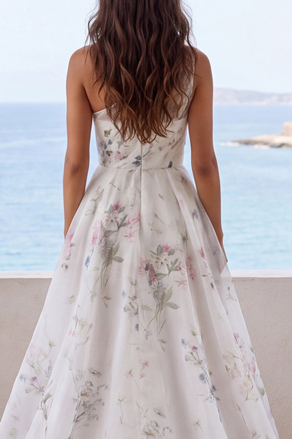 One-Shoulder Ivory Printed Floral Mermaid Wedding Dress with Slit