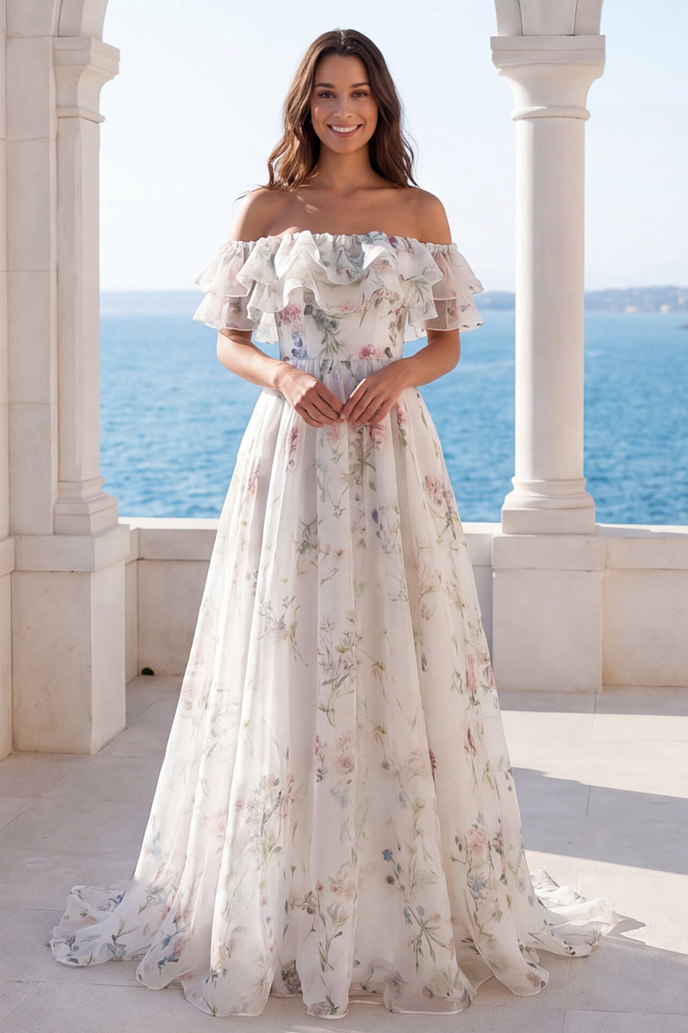 Off the Shoulder Ivory Floral A Line Ruffled Wedding Dress