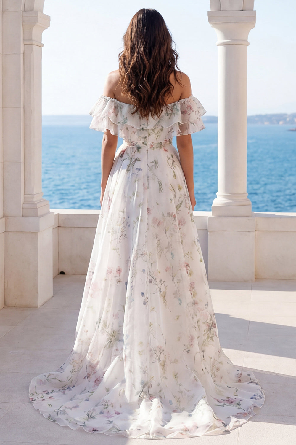 Off the Shoulder Ivory Floral A Line Ruffled Wedding Dress