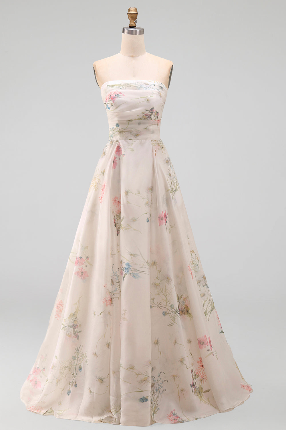 Strapless A-Line Ivory Printed Floral Wedding Dress with Chapel Train