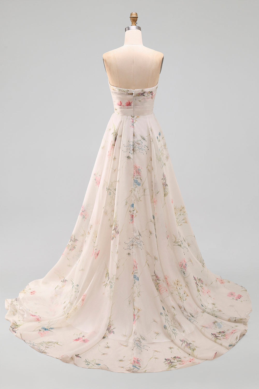 Strapless A-Line Ivory Printed Floral Wedding Dress with Chapel Train