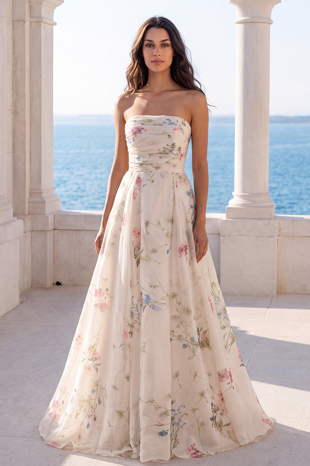 Strapless A-Line Ivory Printed Floral Wedding Dress with Chapel Train