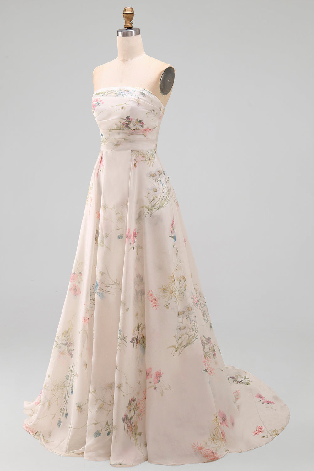 Strapless A-Line Ivory Printed Floral Wedding Dress with Chapel Train