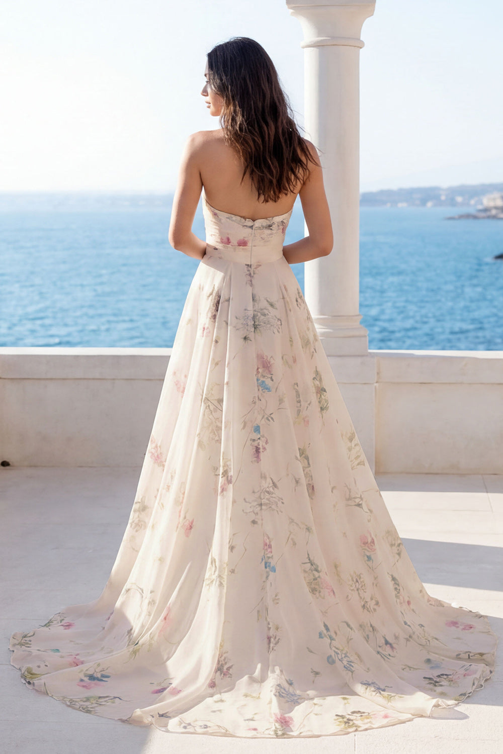 Strapless A-Line Ivory Printed Floral Wedding Dress with Chapel Train