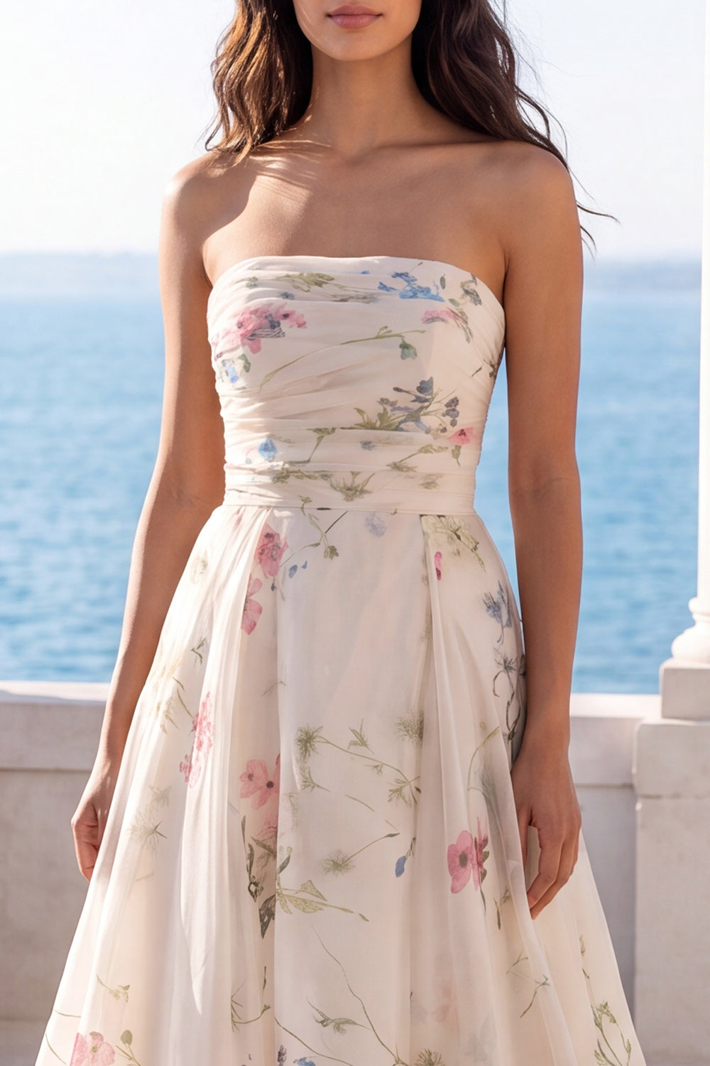 Strapless A-Line Ivory Printed Floral Wedding Dress with Chapel Train