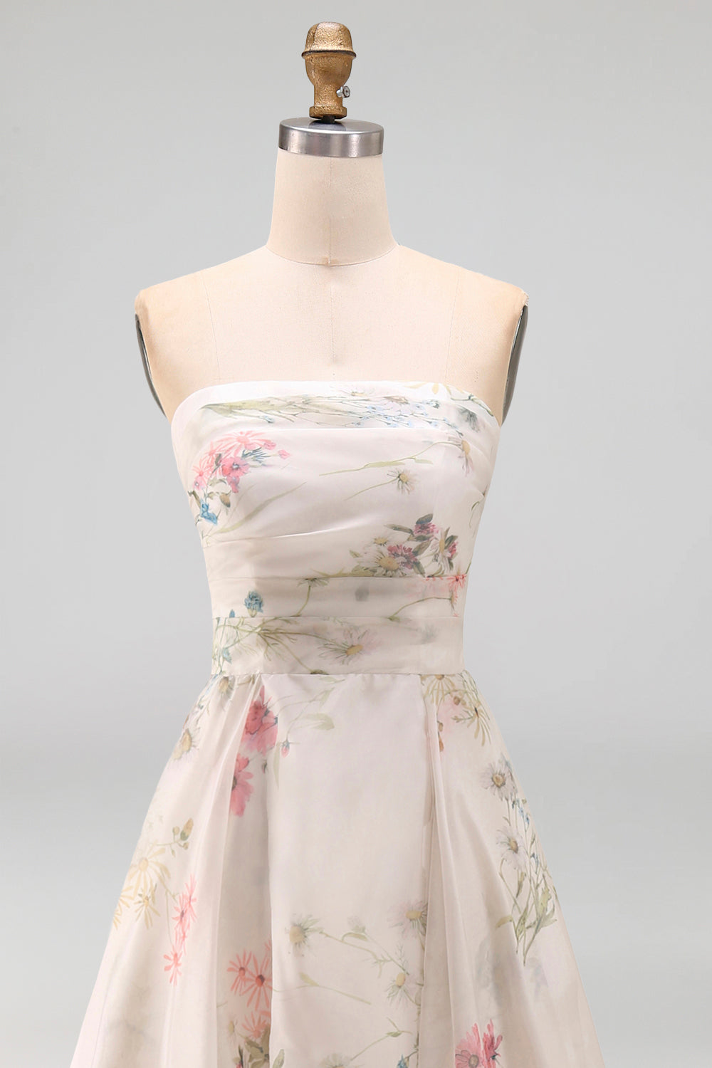 Strapless A-Line Ivory Printed Floral Wedding Dress with Chapel Train