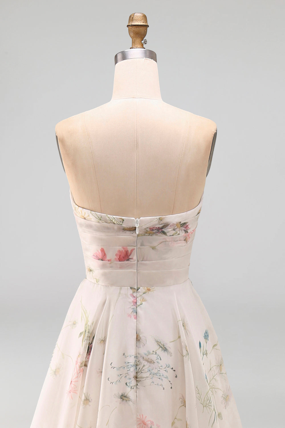 Strapless A-Line Ivory Printed Floral Wedding Dress with Chapel Train