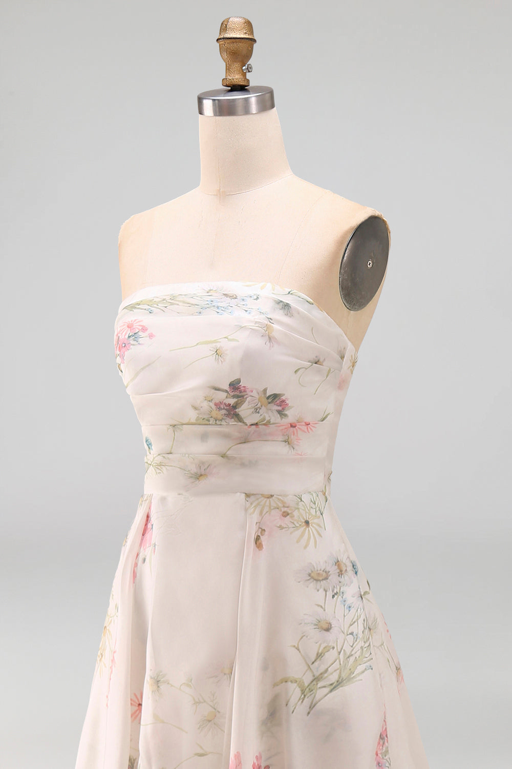 Strapless A-Line Ivory Printed Floral Wedding Dress with Chapel Train