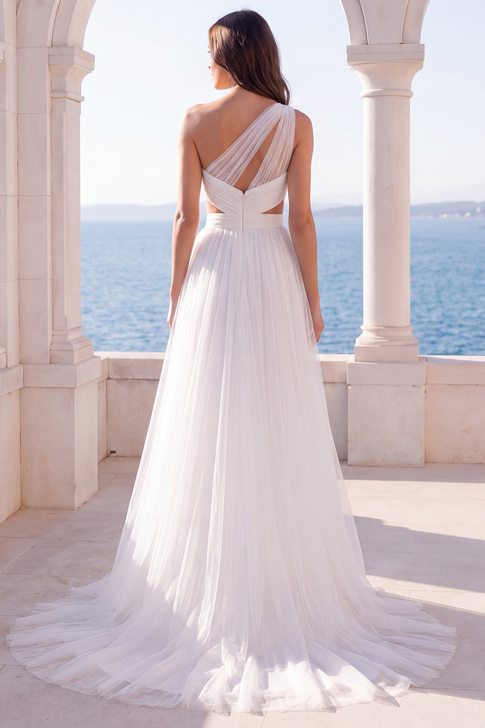 One Shoulder Ivory A Line Cut Out Wedding Dress with Slit