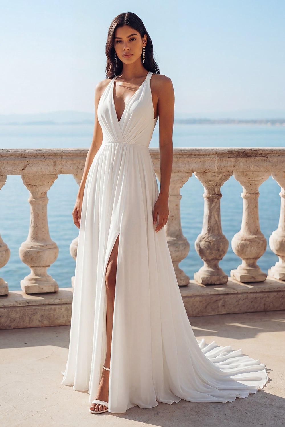 Ivory V-Neck A-Line Sweep Train Wedding Dress with Slit