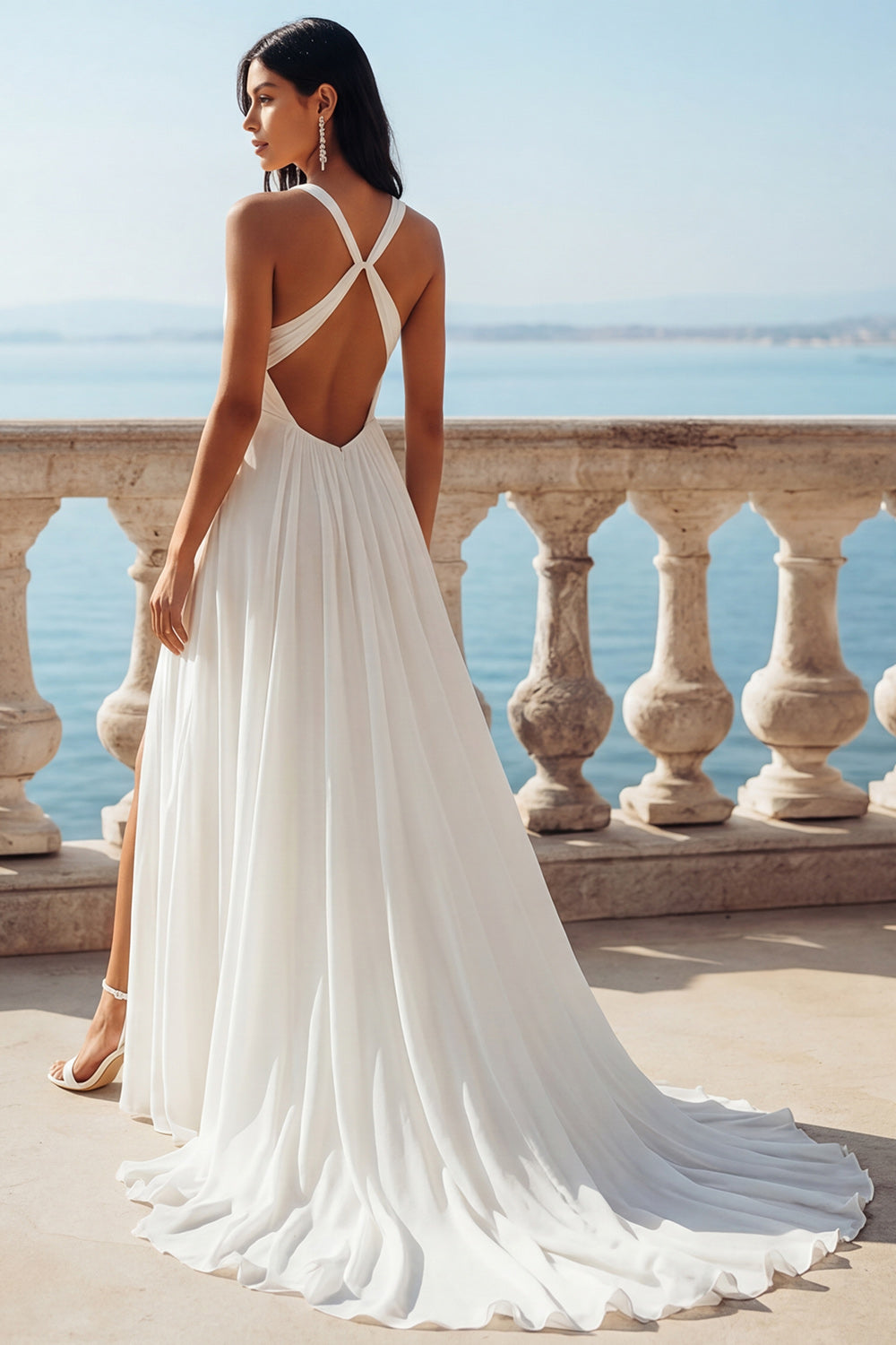 Ivory V-Neck A-Line Sweep Train Wedding Dress with Slit