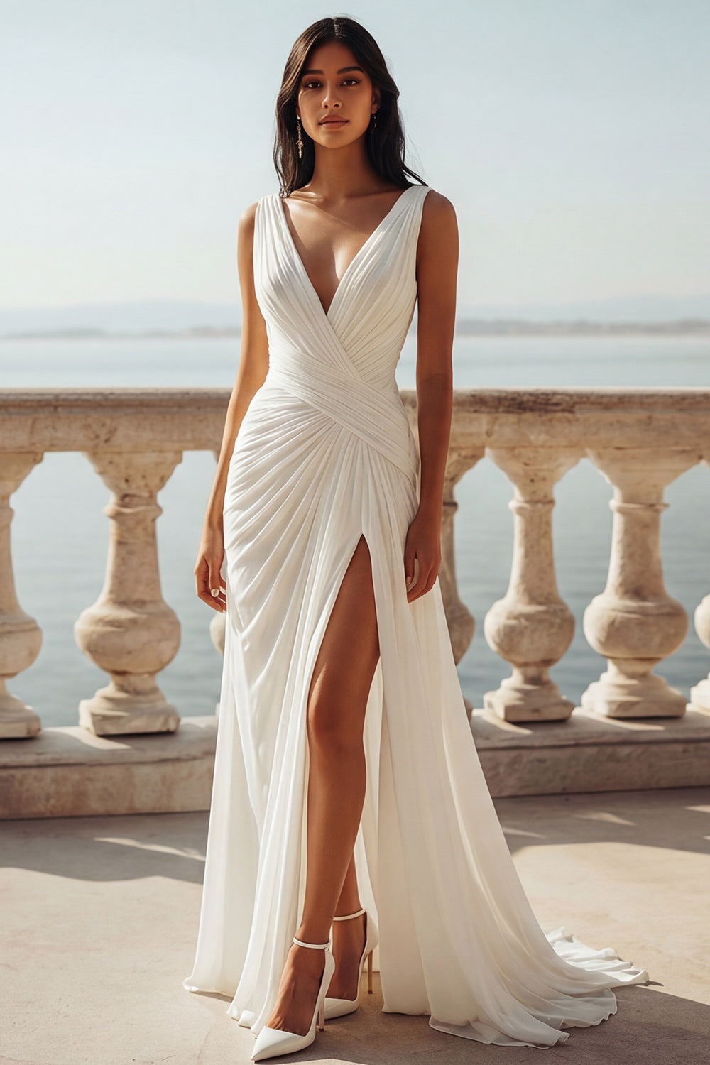 Ivory V-Neck Chiffon Ruched Sweep Train Wedding Dress