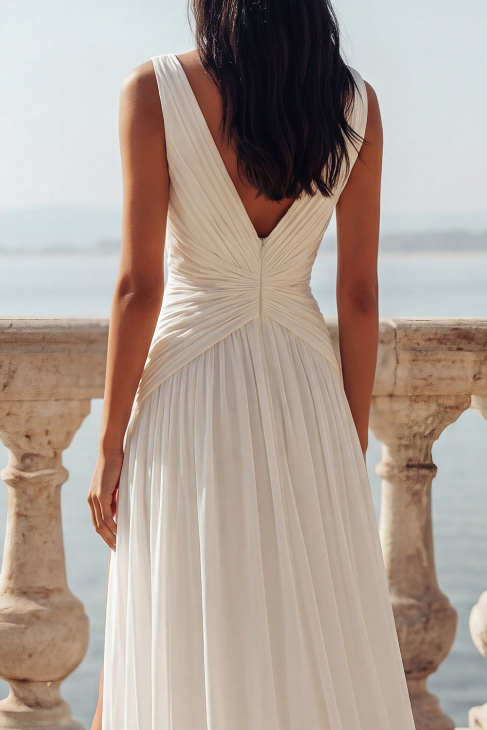 Ivory V-Neck Chiffon Ruched Sweep Train Wedding Dress