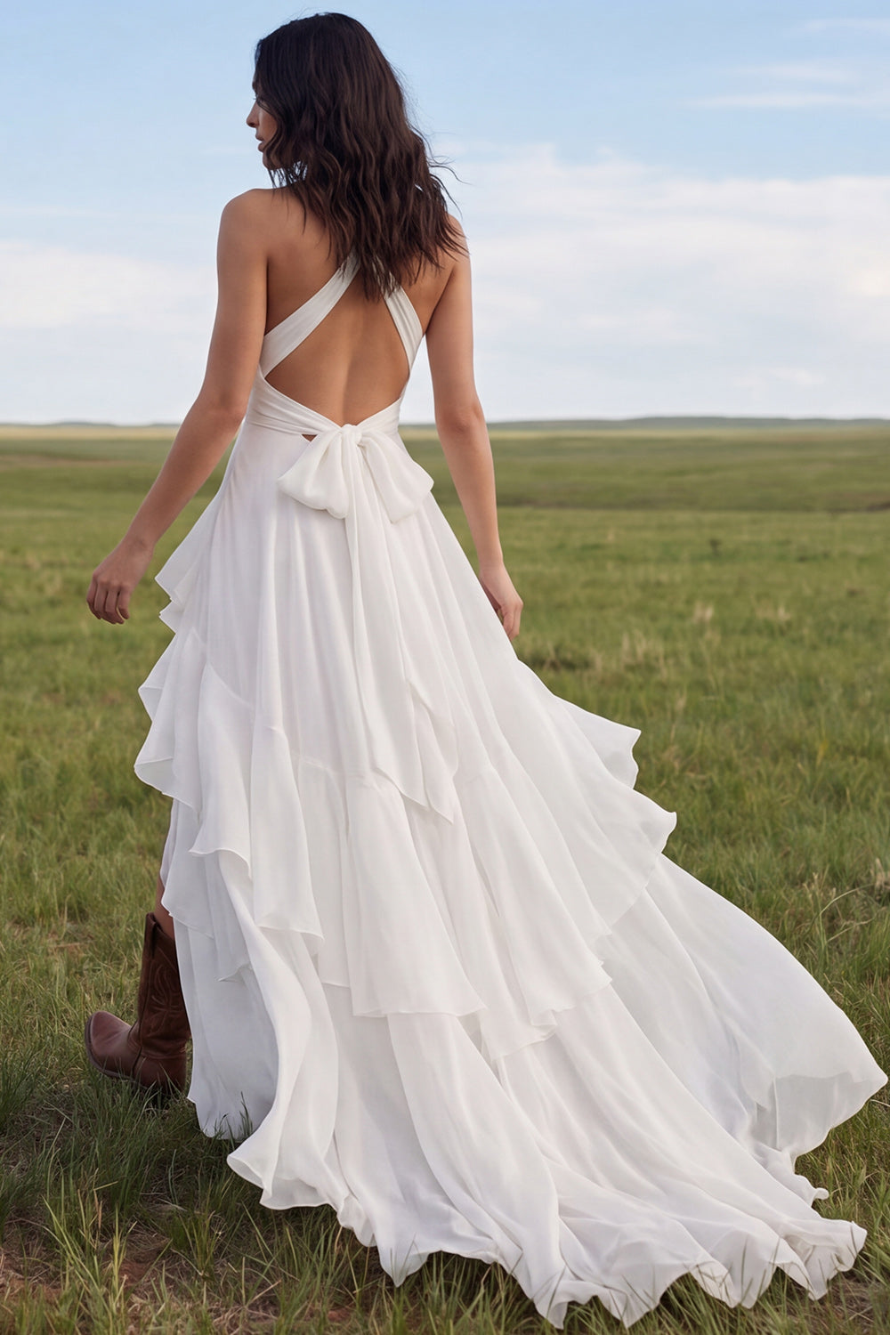 Halter Ivory A Line Chiffon Boho Wedding Dress