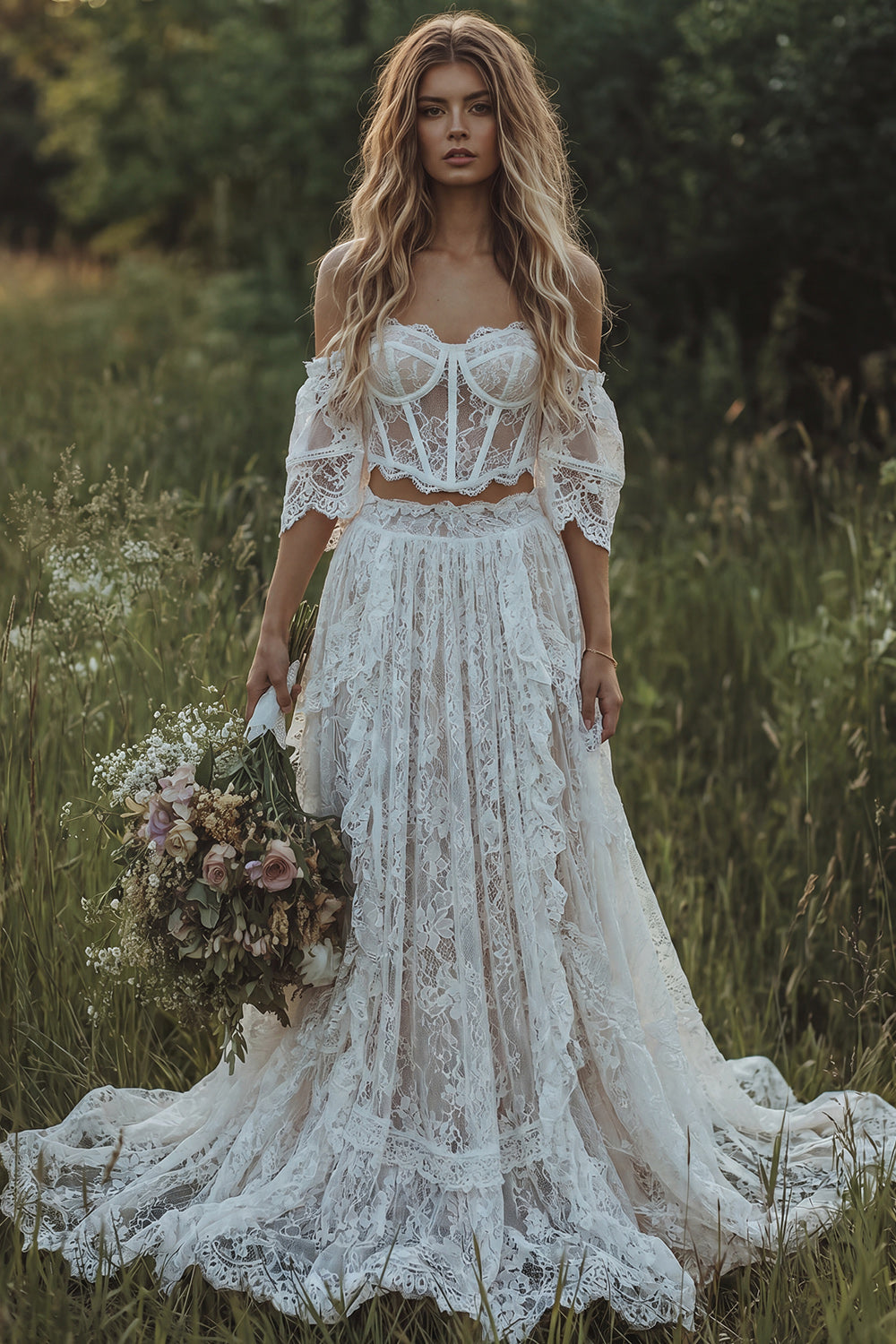 Lace Off-The-Shoulder Ivory Corset Boho Wedding Dress