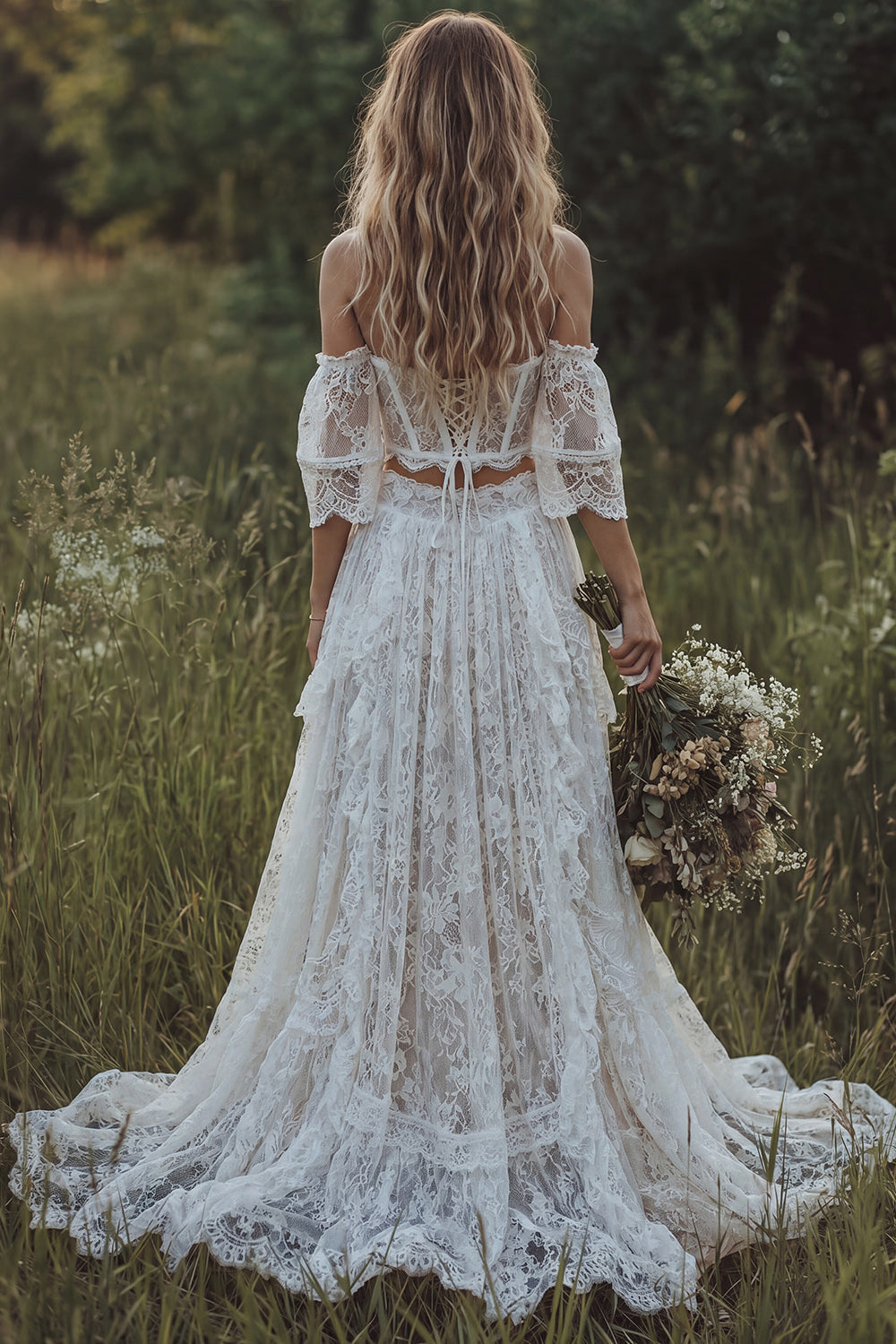 Lace Off-The-Shoulder Ivory Corset Boho Wedding Dress