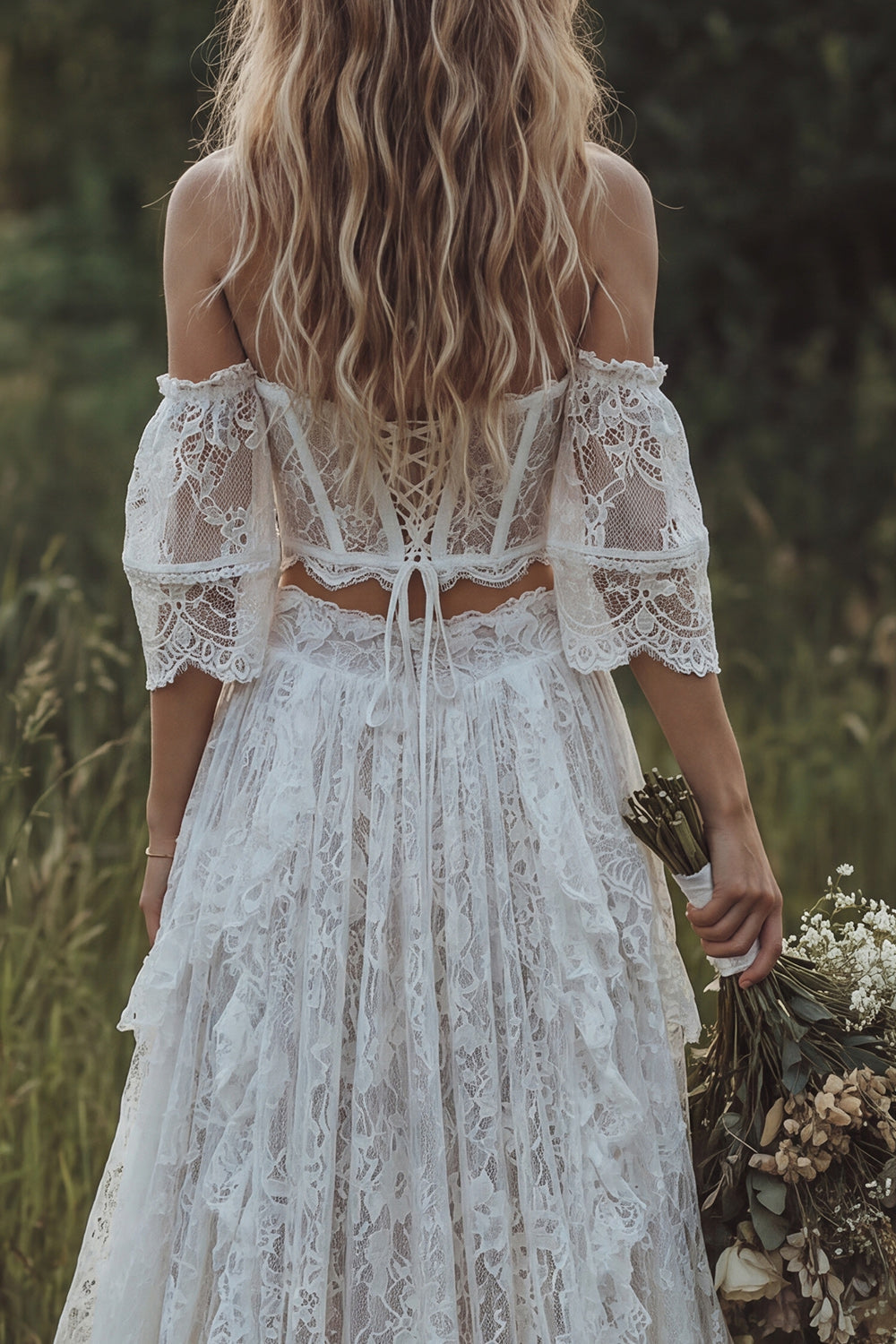 Lace Off-The-Shoulder Ivory Corset Boho Wedding Dress