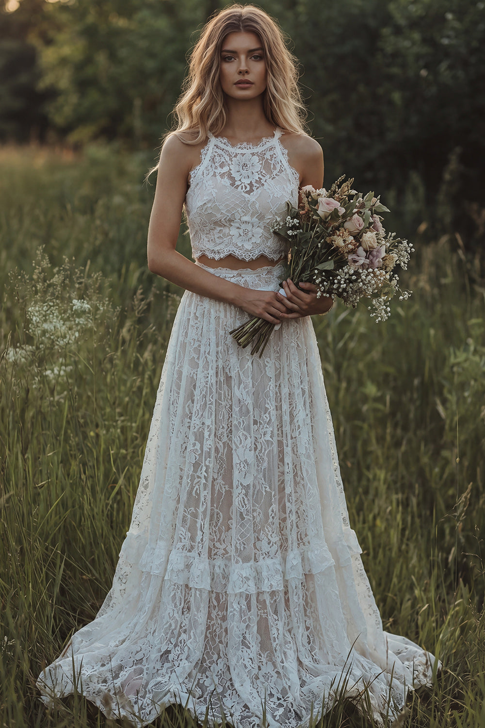Robe de mariée bohème 2 pièces coupe trapèze en dentelle ivoire à volants