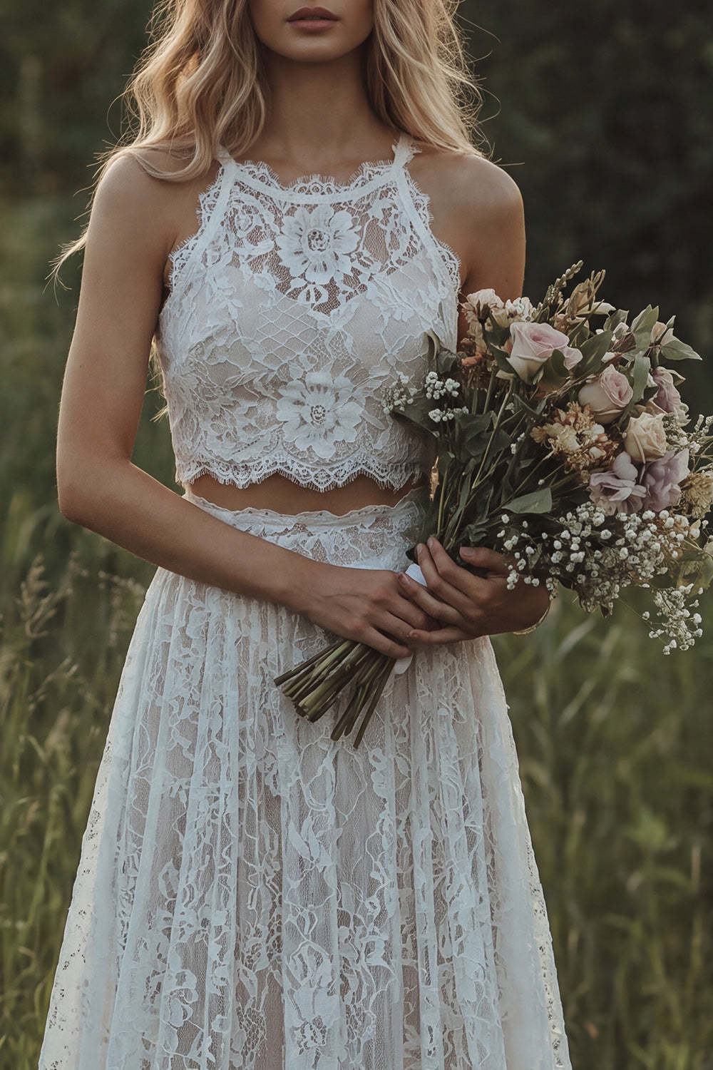 Robe de mariée bohème 2 pièces coupe trapèze en dentelle ivoire à volants