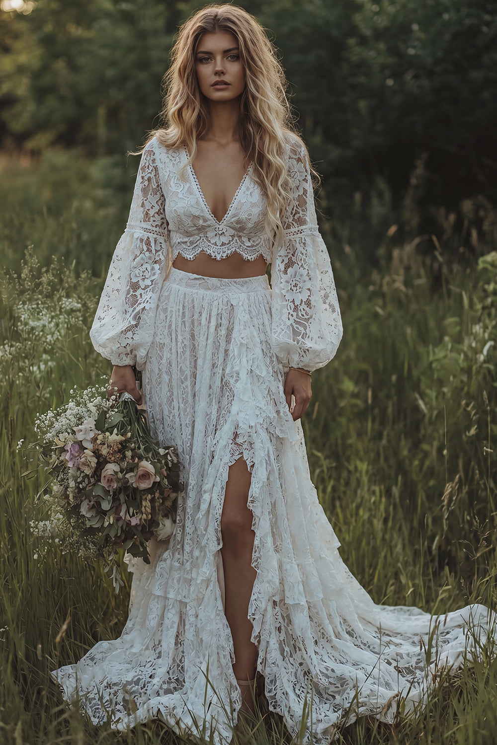 Lace Ivory V-Neck Ruffled A Line Long Sleeve Boho Wedding Dress