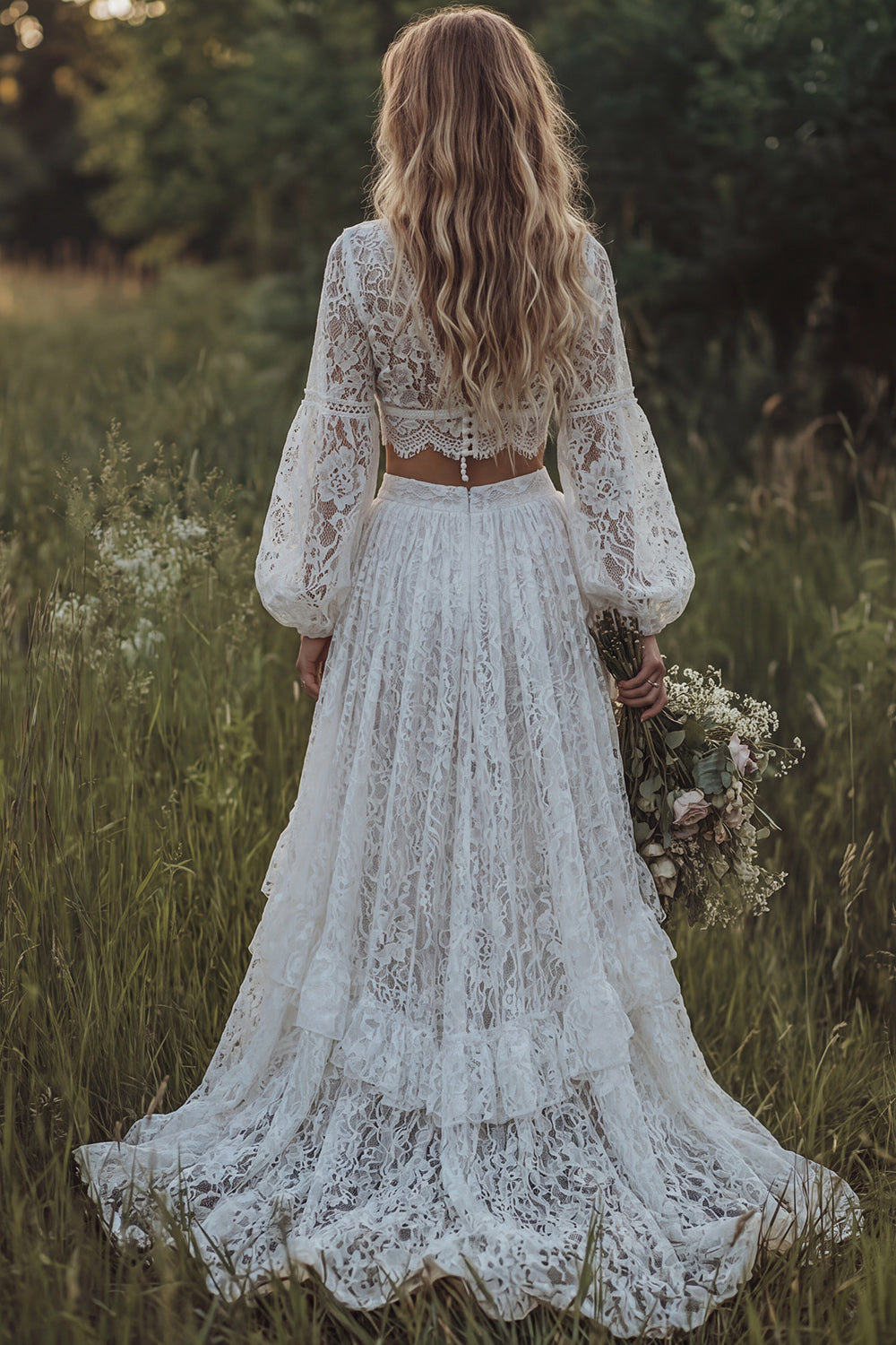 Lace Ivory V-Neck Ruffled A Line Long Sleeve Boho Wedding Dress
