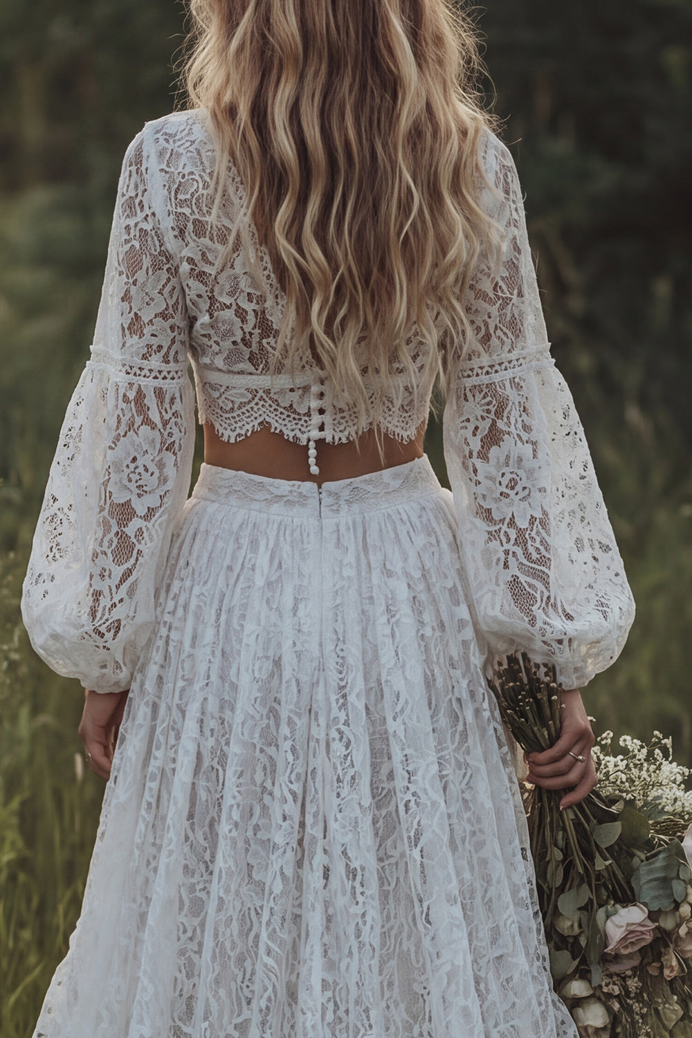 Lace Ivory V-Neck Ruffled A Line Long Sleeve Boho Wedding Dress