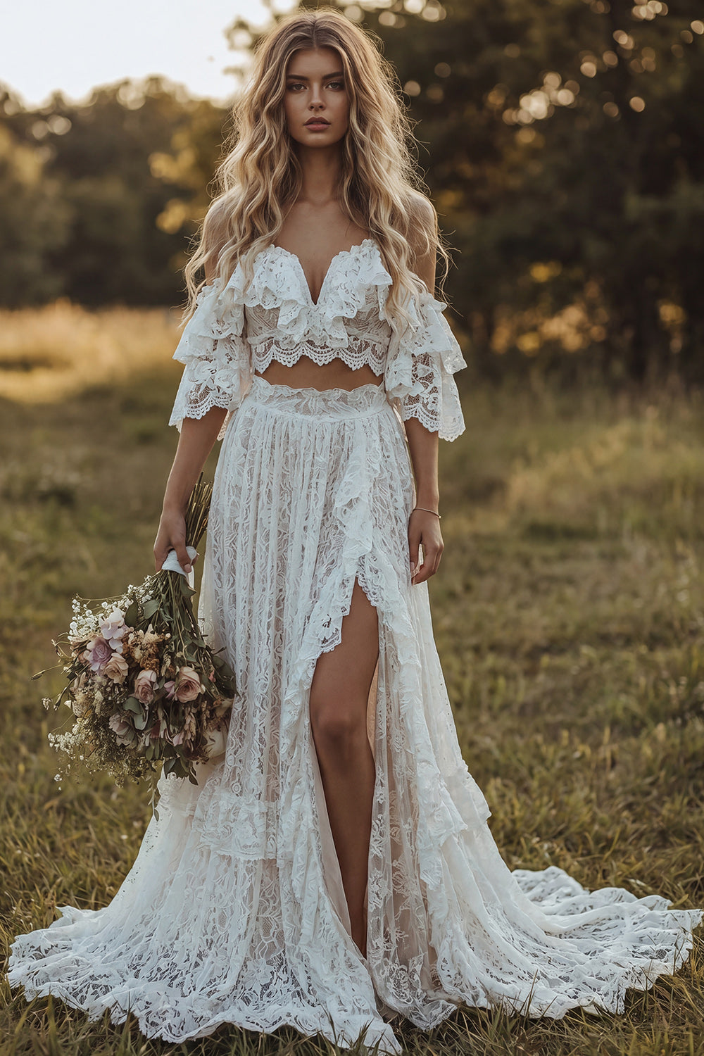 Lace Ivory A-Line Ruffled 2 Piece Sweep Train Boho Wedding Dress with Slit