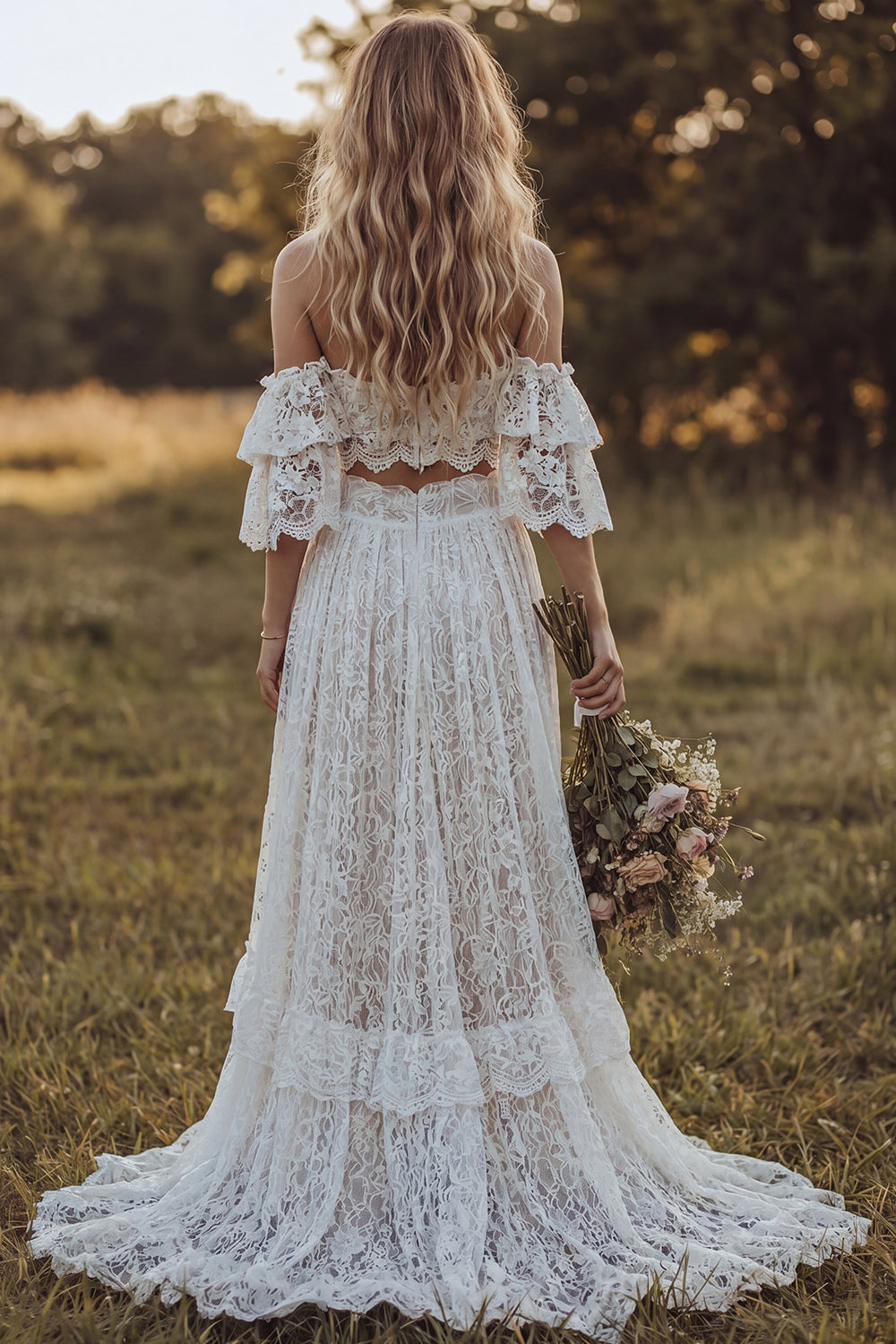 Lace Ivory A-Line Ruffled 2 Piece Sweep Train Boho Wedding Dress with Slit