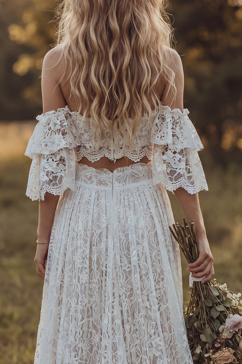 Lace Ivory A-Line Ruffled 2 Piece Sweep Train Boho Wedding Dress with Slit