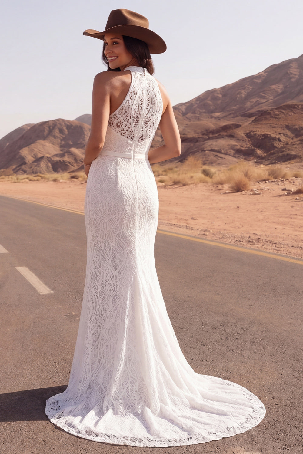 Ivory High Neck Lace Mermaid Boho Wedding Dress