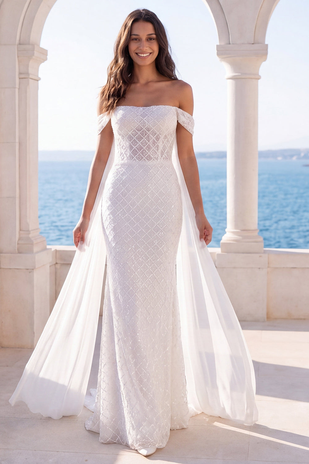 Robe de mariée sirène ivoire à épaules dénudées avec ceinture