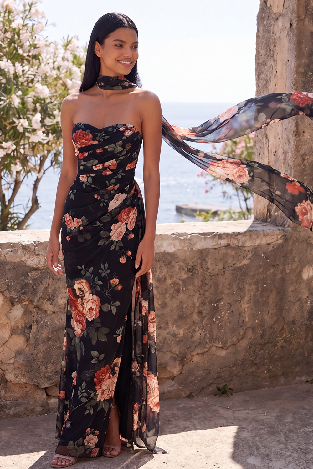 Black Mermaid Sweetheart Floral Ruched Chiffon Long Formal Dress with Slit