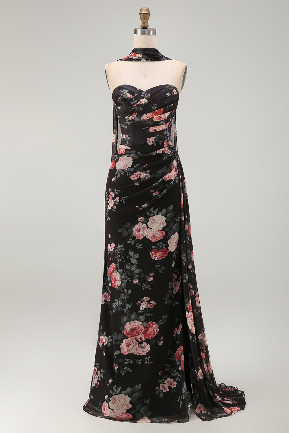 Black Mermaid Sweetheart Floral Ruched Chiffon Long Formal Dress with Slit