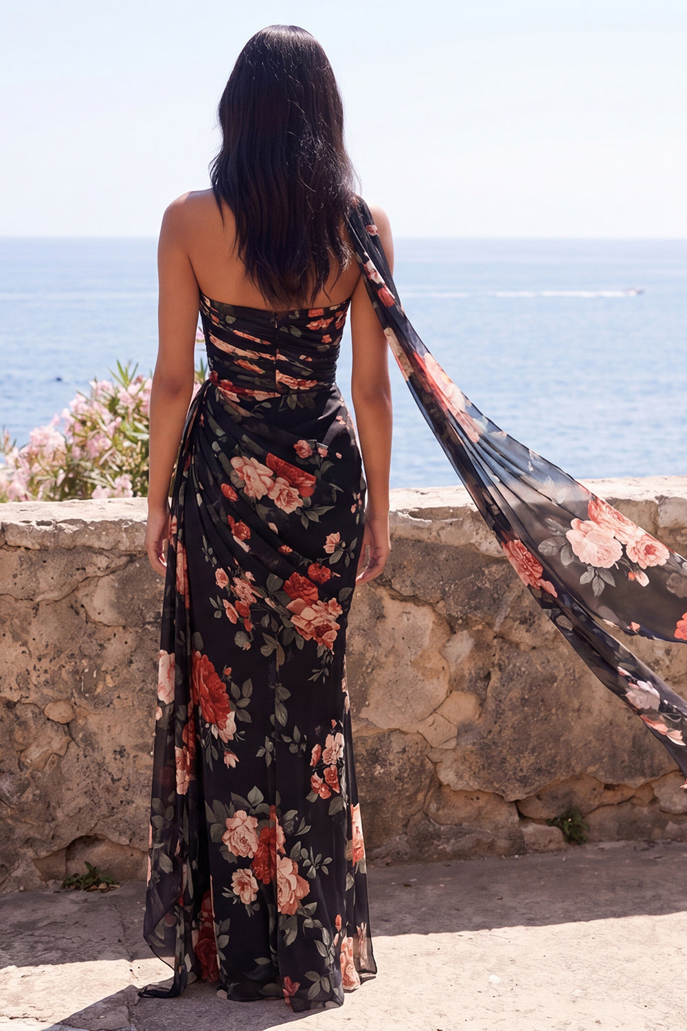 Black Mermaid Sweetheart Floral Ruched Chiffon Long Formal Dress with Slit