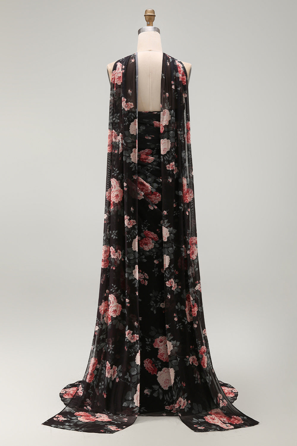 Black Mermaid Sweetheart Floral Ruched Chiffon Long Formal Dress with Slit