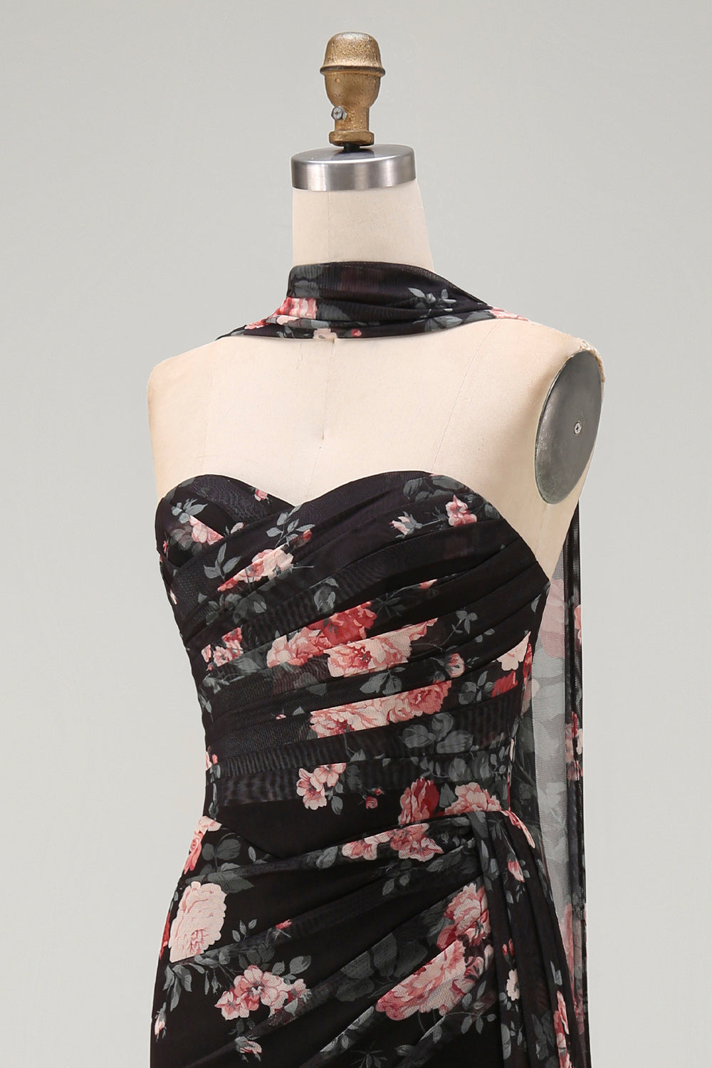 Black Mermaid Sweetheart Floral Ruched Chiffon Long Formal Dress with Slit