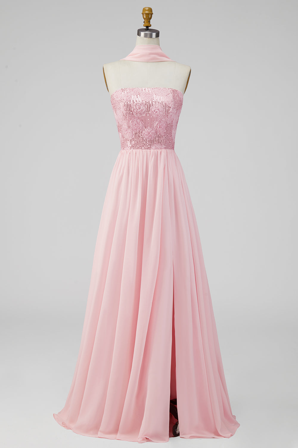 A-line Strapless Pink Chiffon Maxi Floral Dress with Slit