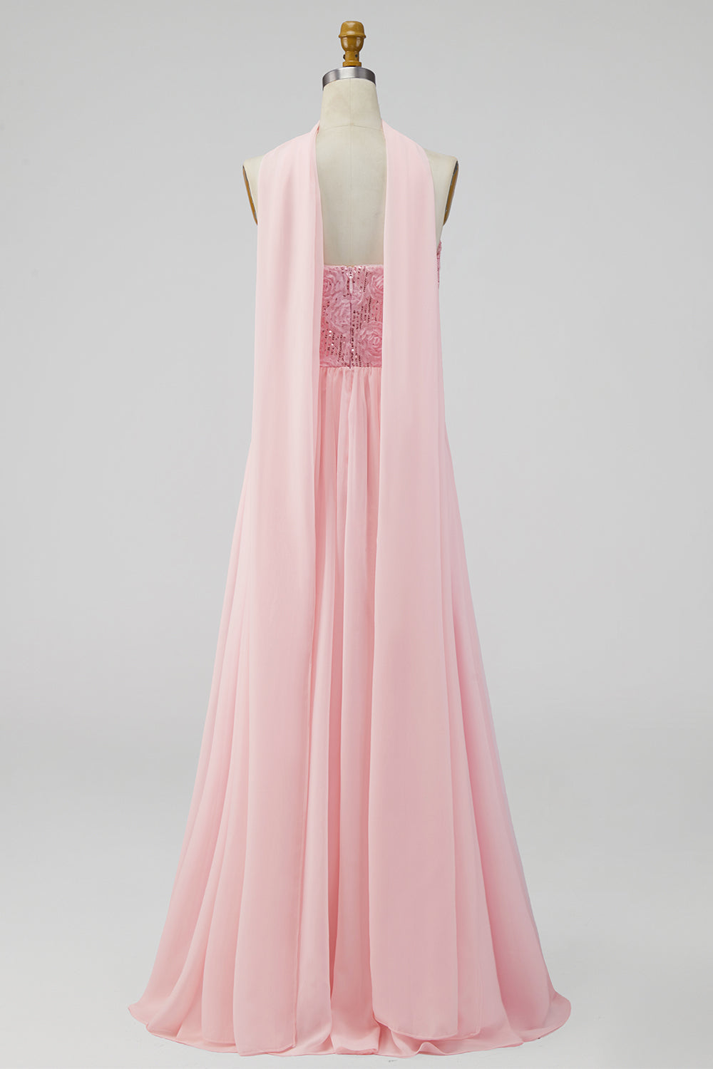 A-line Strapless Pink Chiffon Maxi Floral Dress with Slit