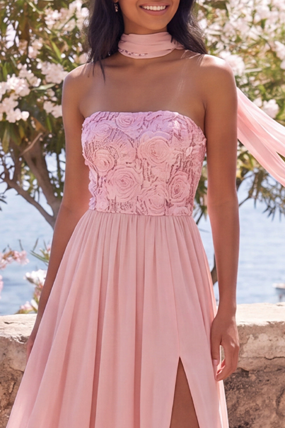 A-line Strapless Pink Chiffon Maxi Floral Dress with Slit