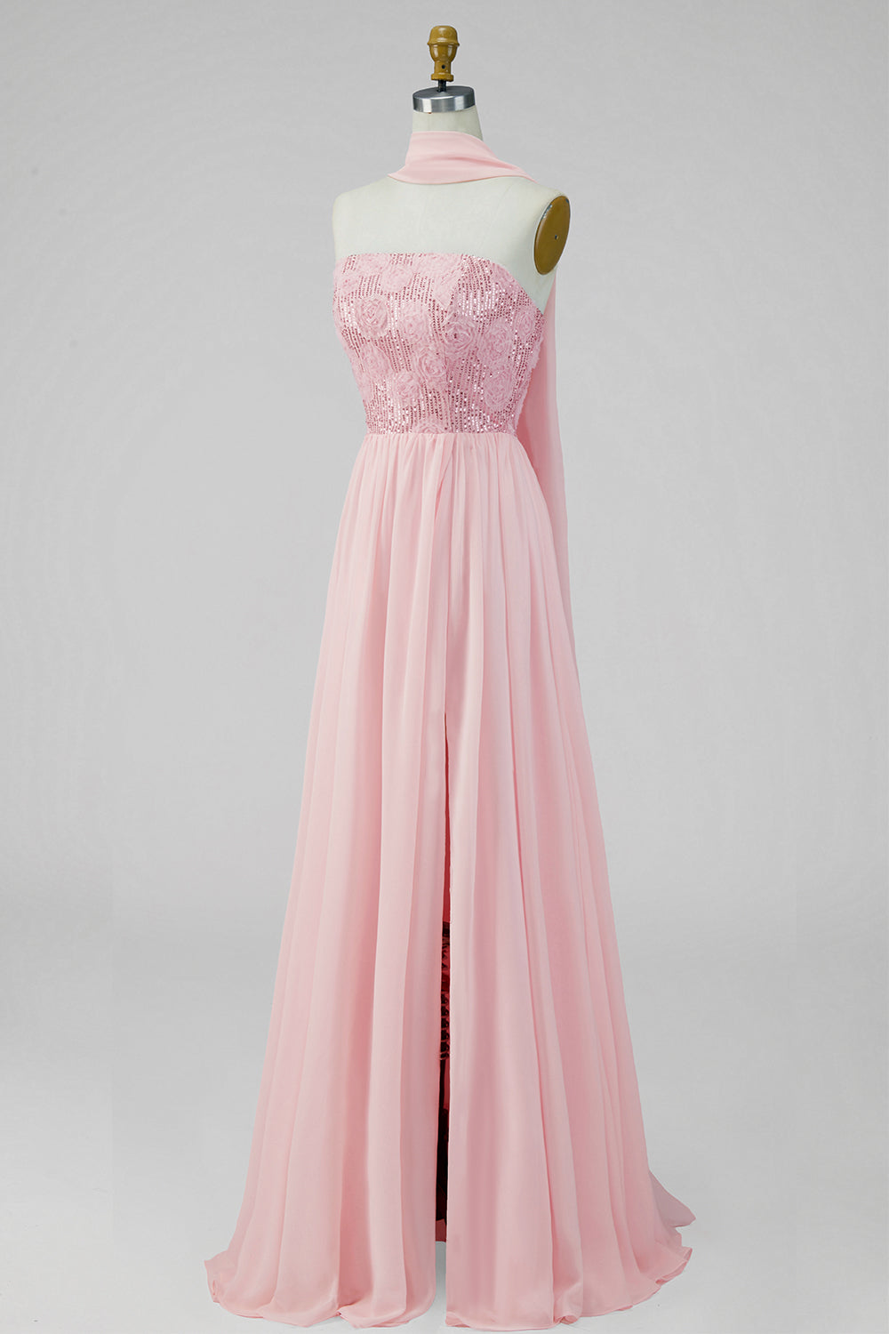 A-line Strapless Pink Chiffon Maxi Floral Dress with Slit