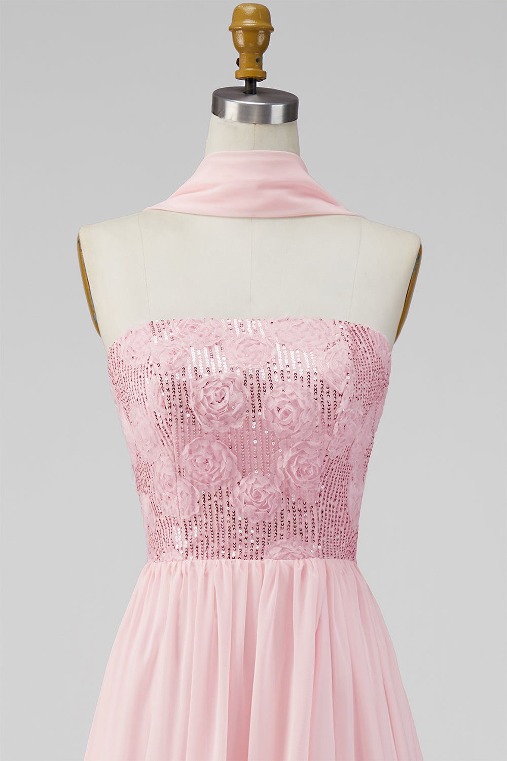 A-line Strapless Pink Chiffon Maxi Floral Dress with Slit