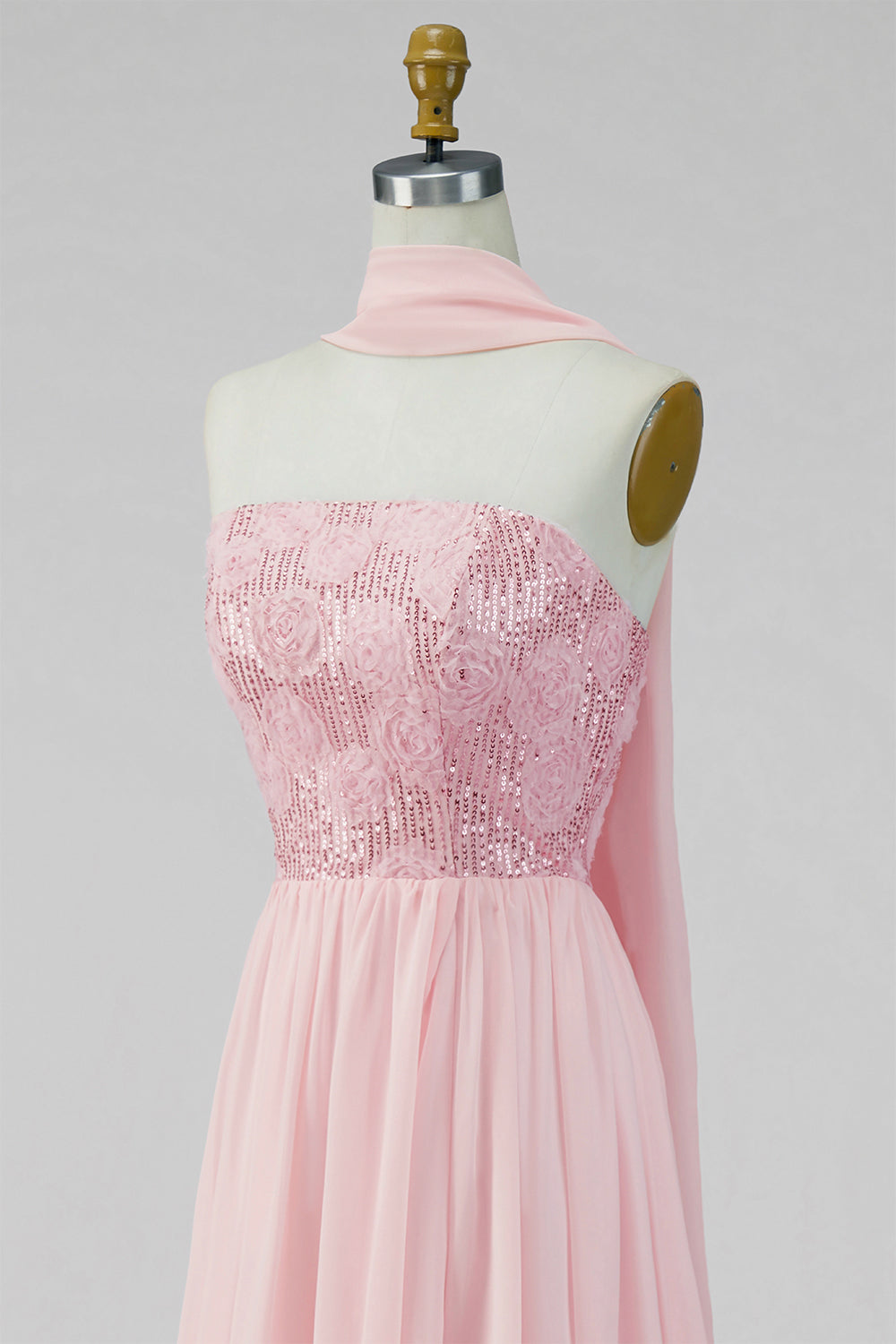 A-line Strapless Pink Chiffon Maxi Floral Dress with Slit
