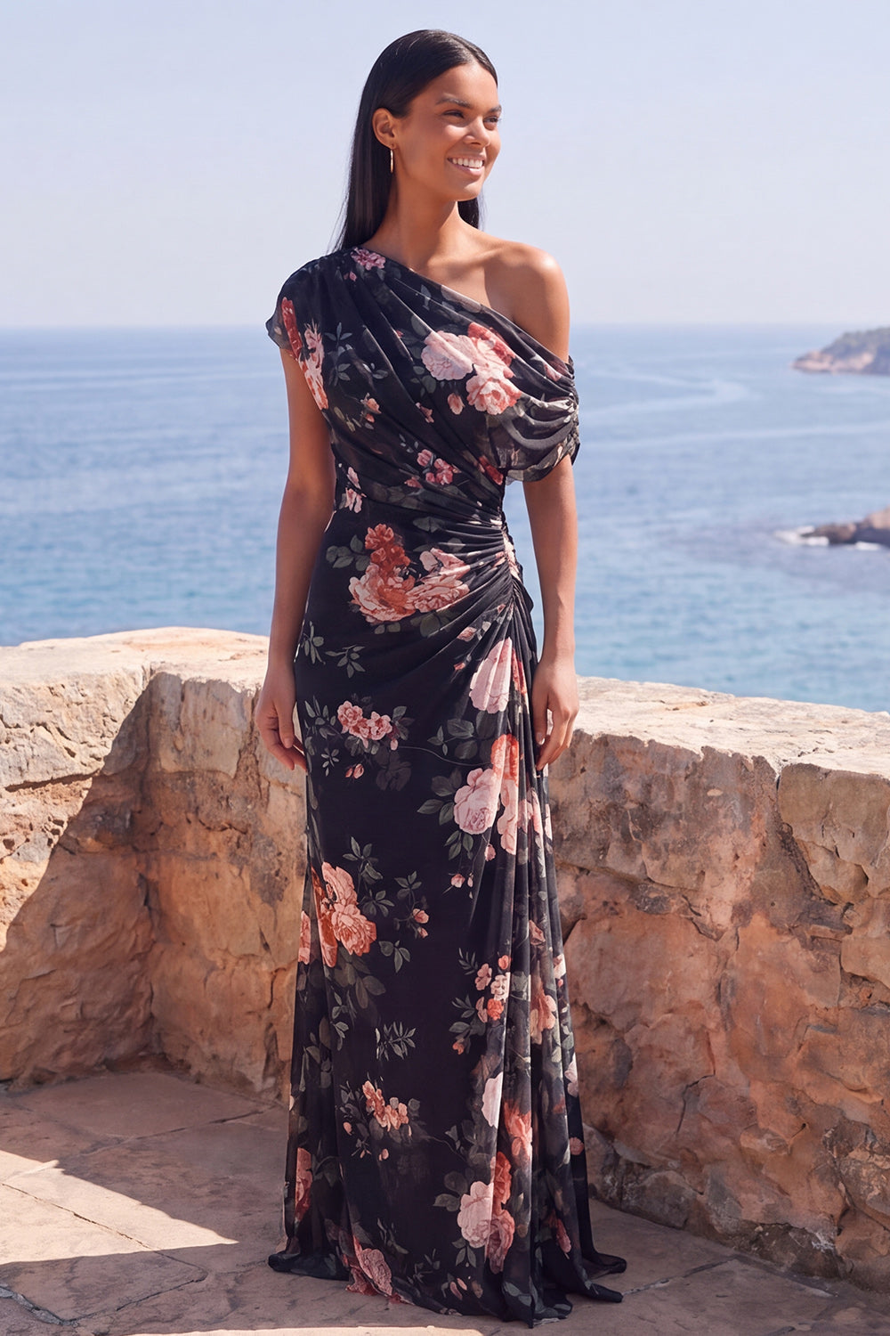 One Shoulder Black Mermaid Floral Ruched Chiffon Long Formal Dress