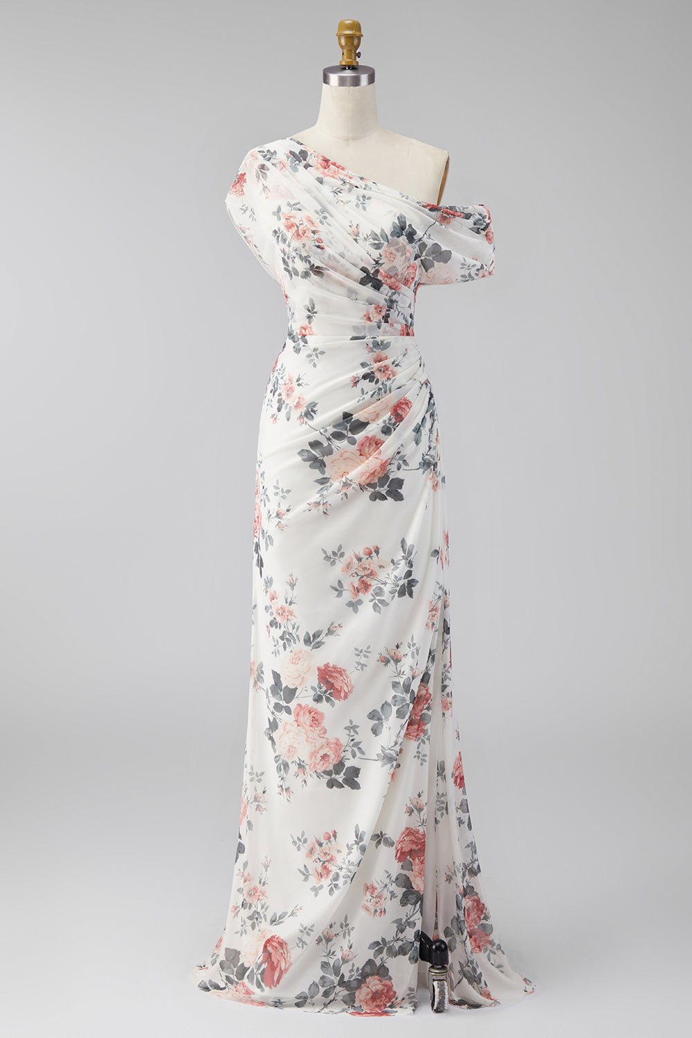 One Shoulder Black Mermaid Floral Ruched Chiffon Long Formal Dress