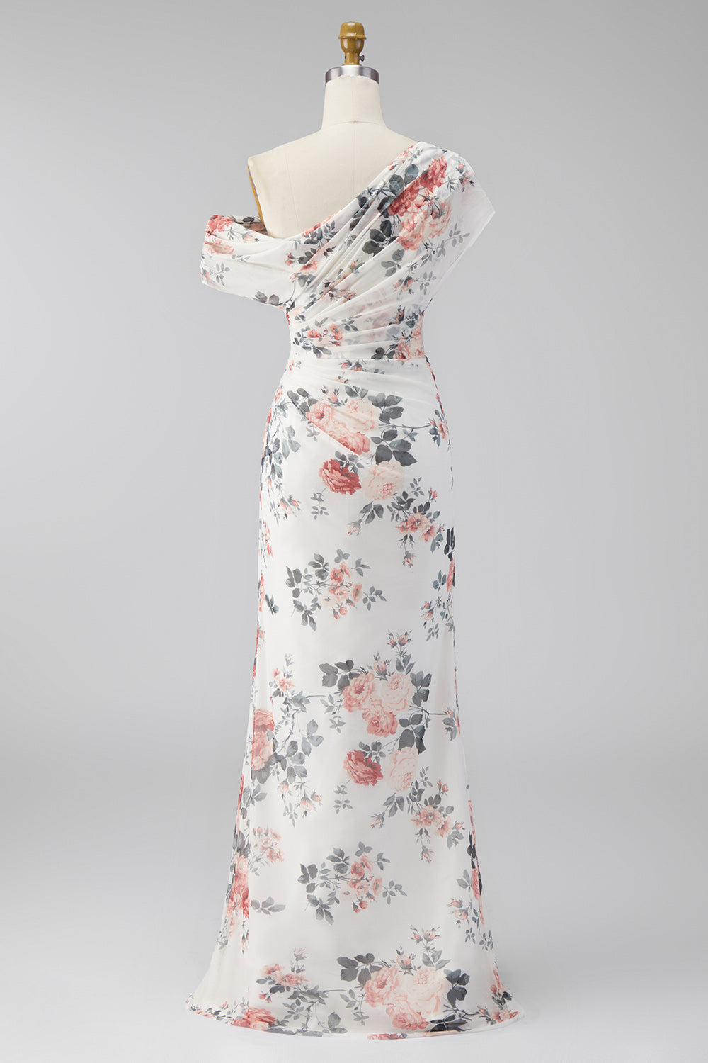 One Shoulder Black Mermaid Floral Ruched Chiffon Long Formal Dress