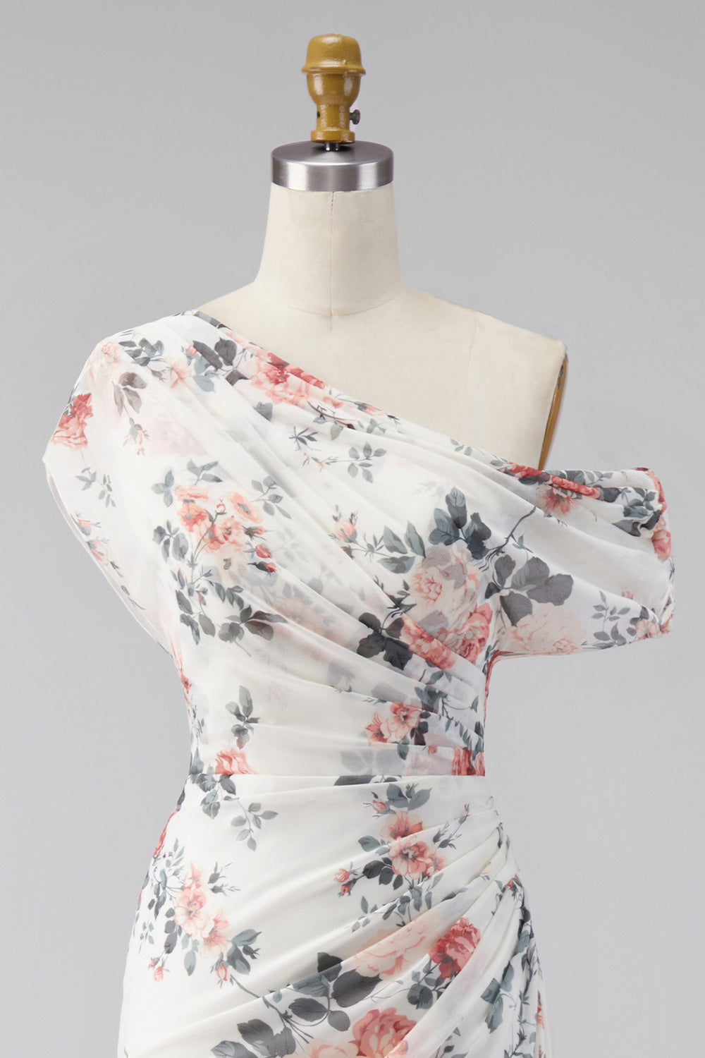 One Shoulder Black Mermaid Floral Ruched Chiffon Long Formal Dress
