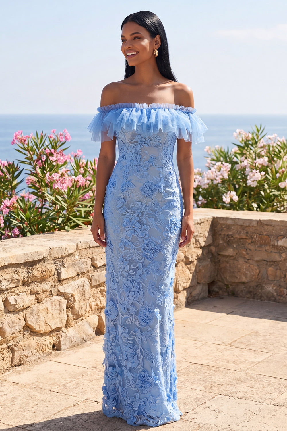 Mermaid Blue Off the Shoulder Ruffled Maxi Floral Dress with Appliques
