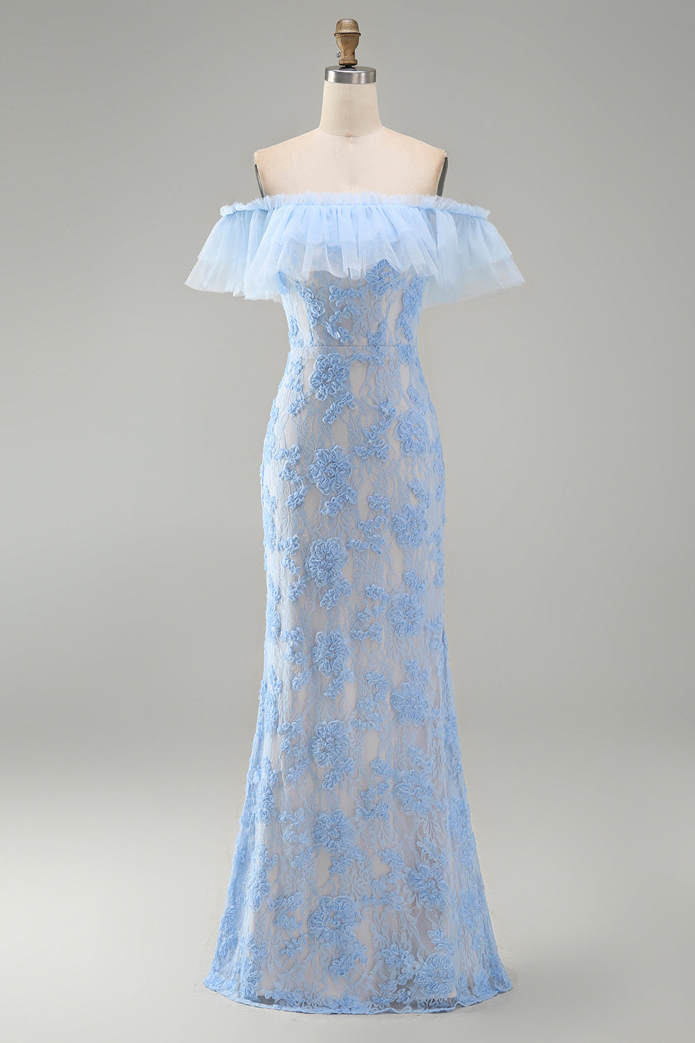 Mermaid Blue Off the Shoulder Ruffled Maxi Floral Dress with Appliques